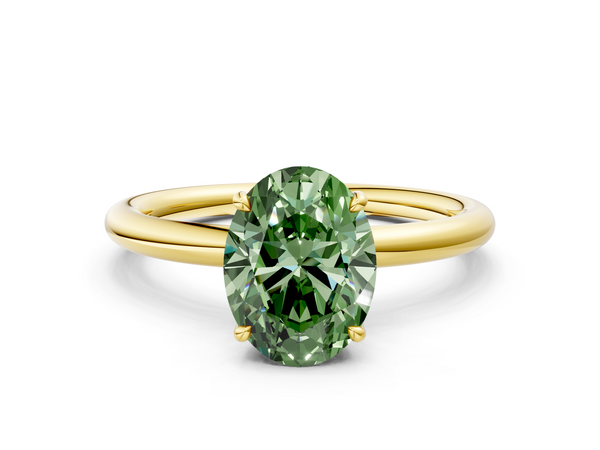 Yellow gold Fancy Green Oval Cut Diamond Solitaire Ring with Thin Band and Four-Prong Setting