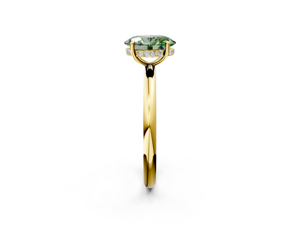 Yellow gold Fancy Green Oval Cut Diamond Solitaire Ring with Thin Band and Four-Prong Setting