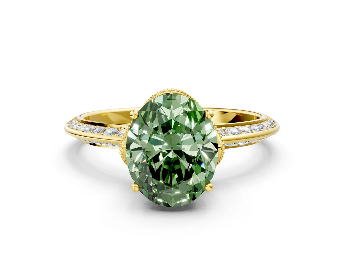 Yellow gold Fancy Green Oval Cut Solitaire Split Shank Pave Diamond Engagement Ring with Four-Prong Setting
