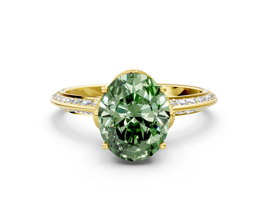 Yellow gold Fancy Green Oval Cut Solitaire Split Shank Pave Diamond Engagement Ring with Four-Prong Setting_24