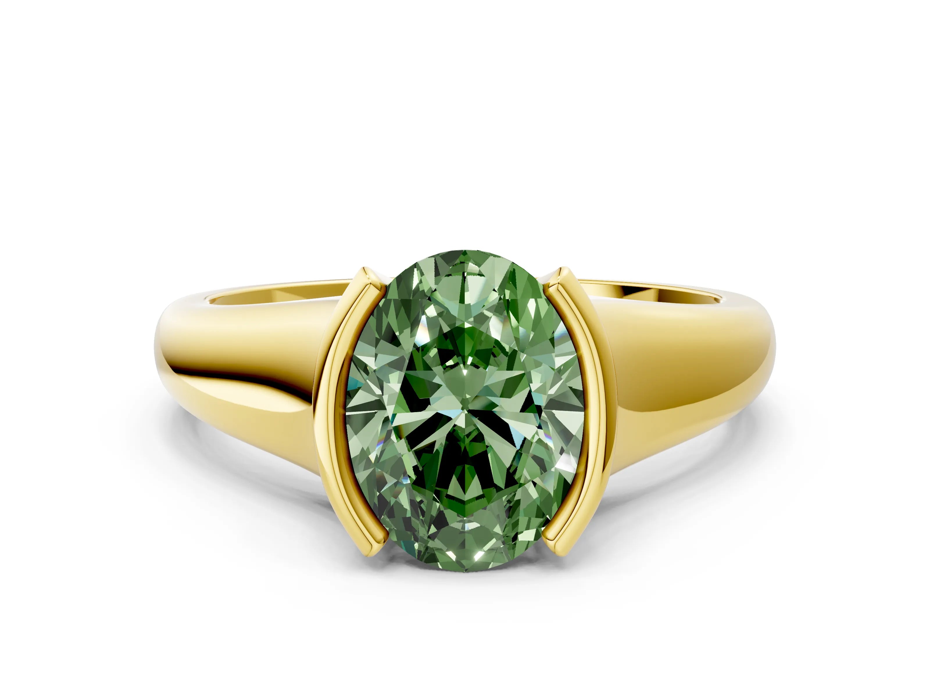 Yellow gold Fancy Green Oval Cut Solitaire Tension Set Diamond Ring with Split Shank Band