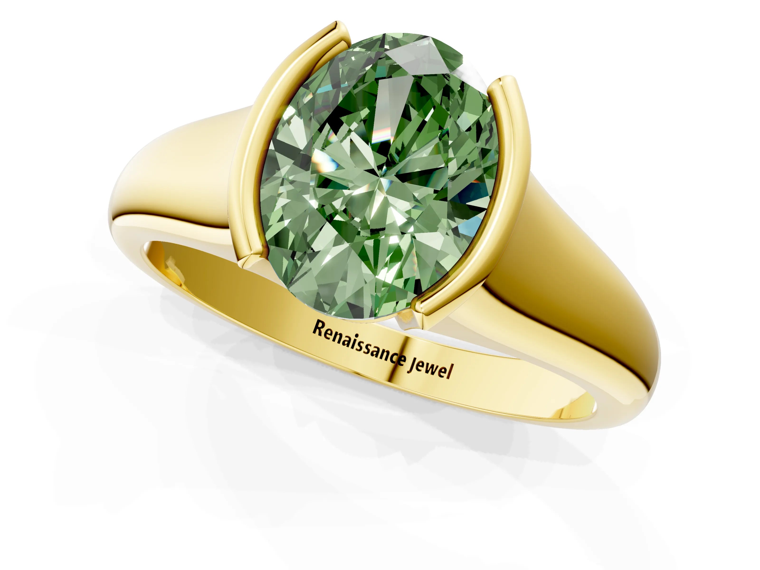 Yellow gold Fancy Green Oval Cut Solitaire Tension Set Diamond Ring with Split Shank Band_1