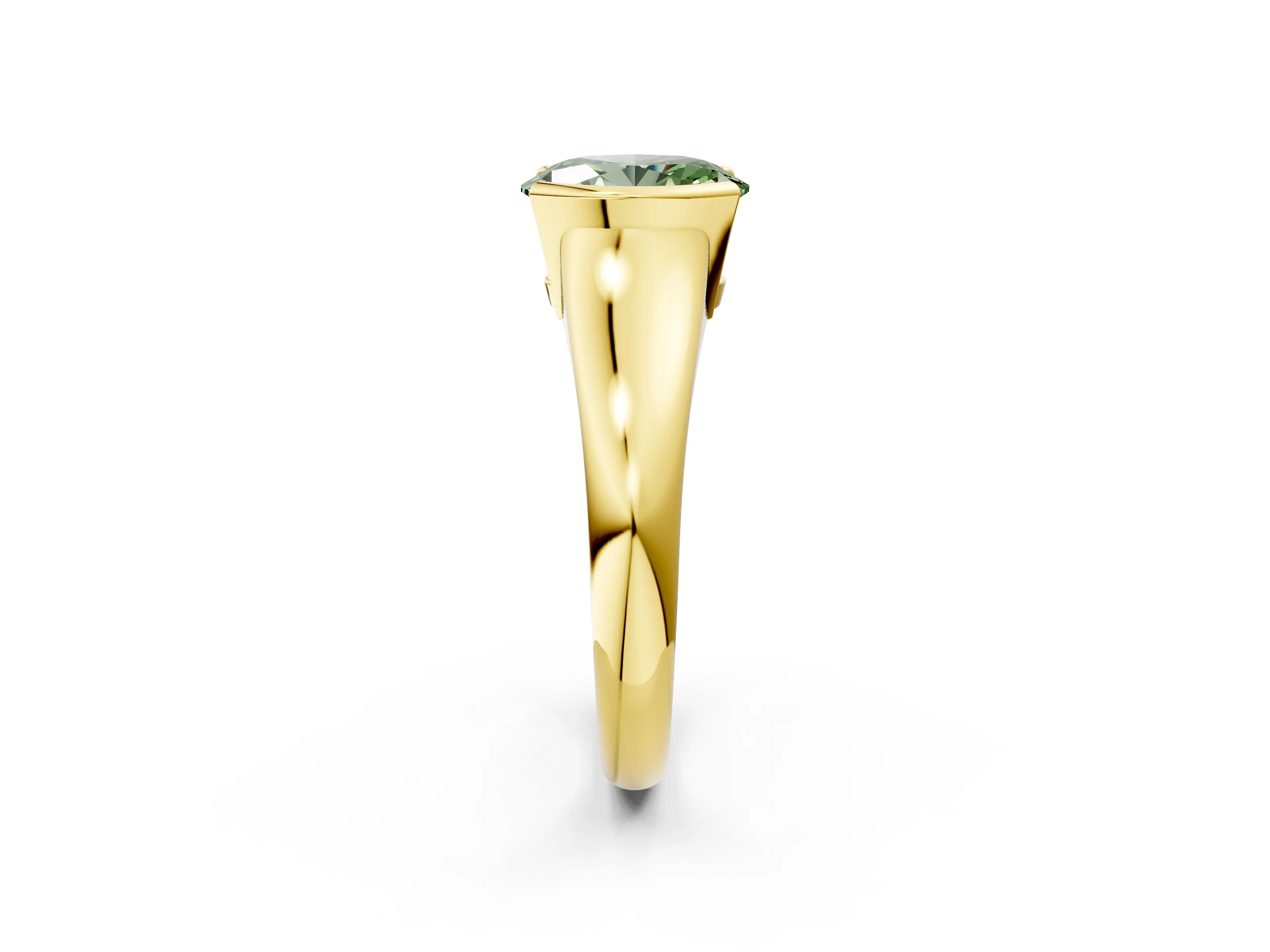 Yellow gold Fancy Green Oval Cut Solitaire Tension Set Diamond Ring with Split Shank Band_2