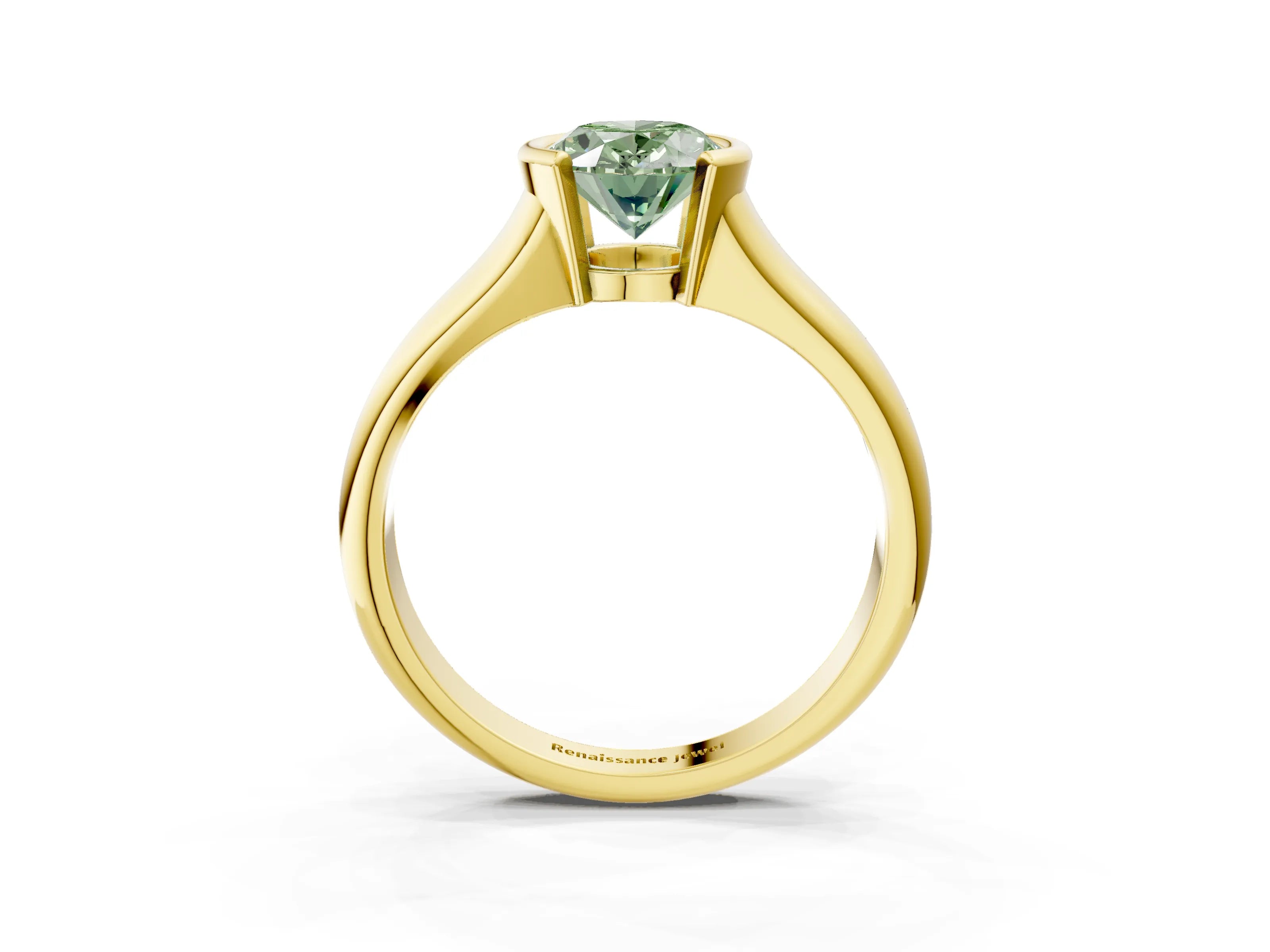 Yellow gold Fancy Green Oval Cut Solitaire Tension Set Diamond Ring with Split Shank Band_3