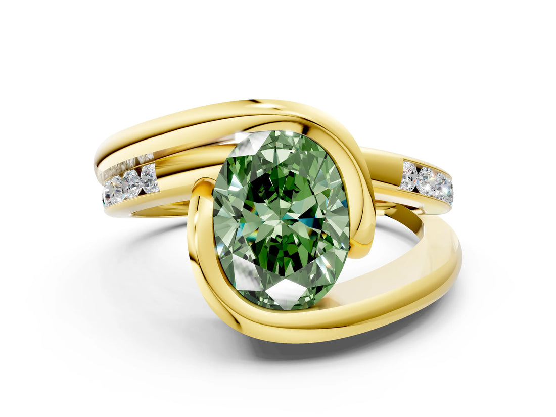 Yellow gold Fancy Green Oval Cut Solitaire Tension-Set Diamond Split Shank Ring