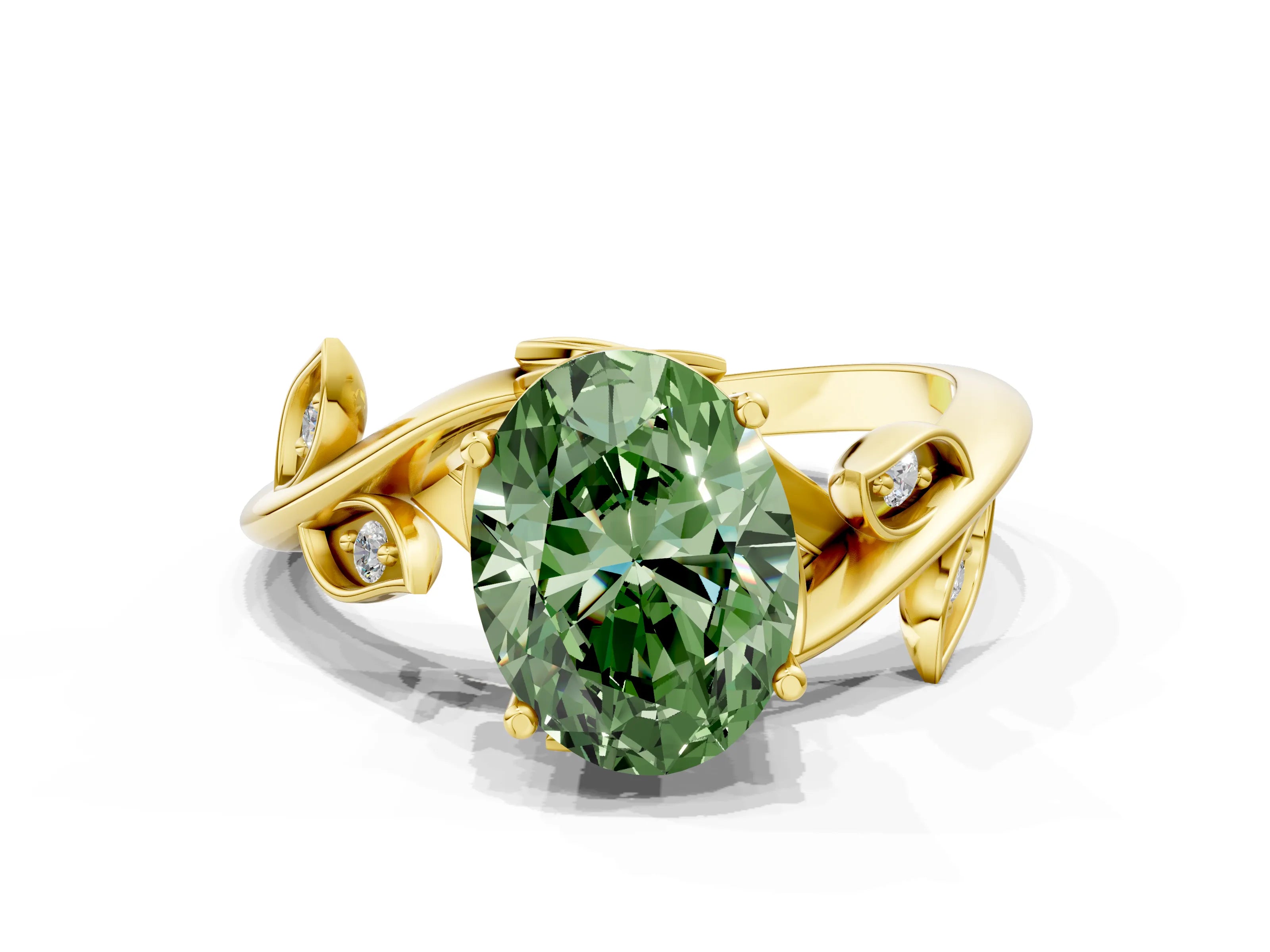 Yellow gold Fancy Green Oval Cut Solitaire Twist Engagement Ring with Leaf Accents and Prong Setting