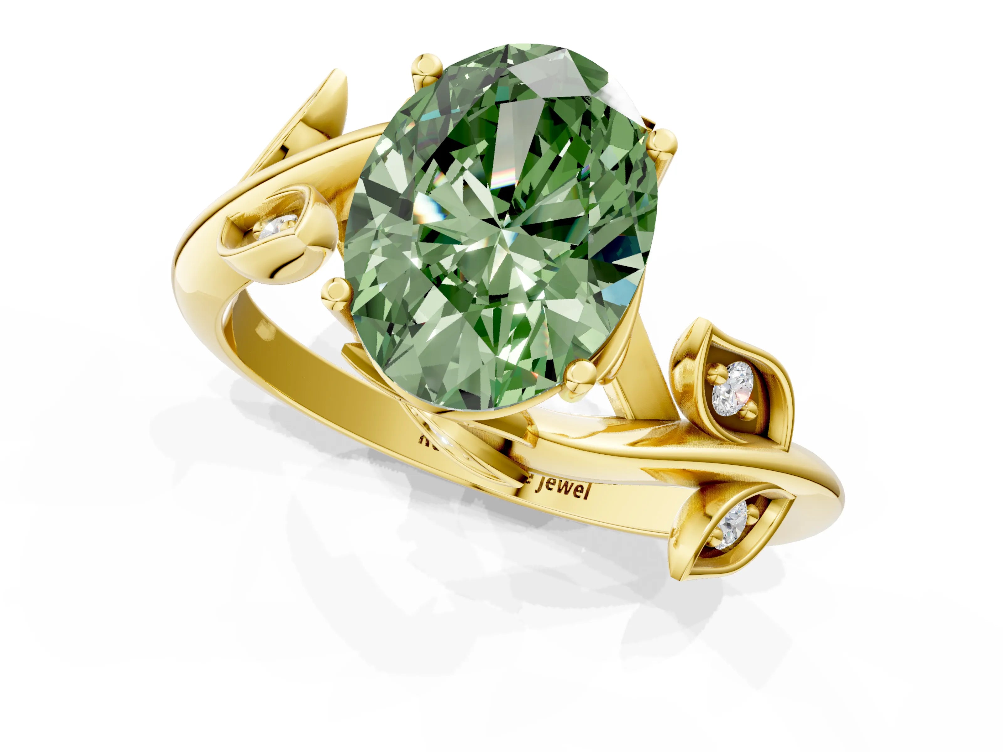 Yellow gold Fancy Green Oval Cut Solitaire Twist Engagement Ring with Leaf Accents and Prong Setting_1