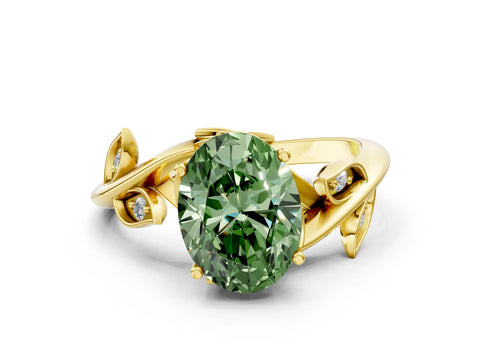 Yellow gold Fancy Green Oval Cut Solitaire Twist Engagement Ring with Leaf Accents and Prong Setting_12
