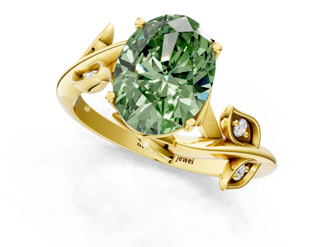 Yellow gold Fancy Green Oval Cut Solitaire Twist Engagement Ring with Leaf Accents and Prong Setting_13