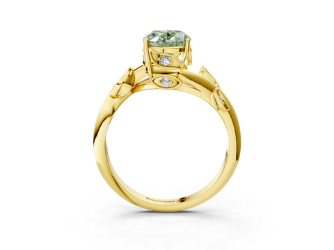 Yellow gold Fancy Green Oval Cut Solitaire Twist Engagement Ring with Leaf Accents and Prong Setting_15