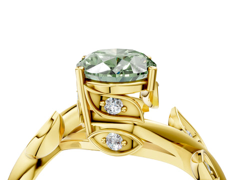 Yellow gold Fancy Green Oval Cut Solitaire Twist Engagement Ring with Leaf Accents and Prong Setting_16