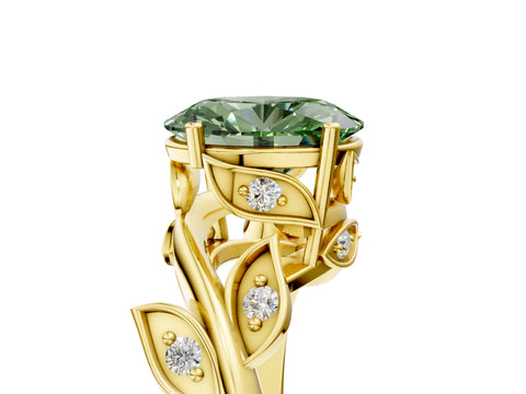 Yellow gold Fancy Green Oval Cut Solitaire Twist Engagement Ring with Leaf Accents and Prong Setting_17