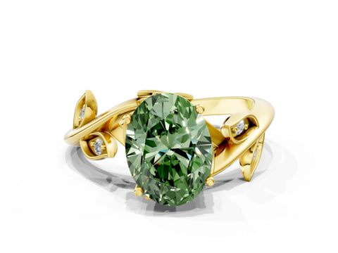 Yellow gold Fancy Green Oval Cut Solitaire Twist Engagement Ring with Leaf Accents and Prong Setting