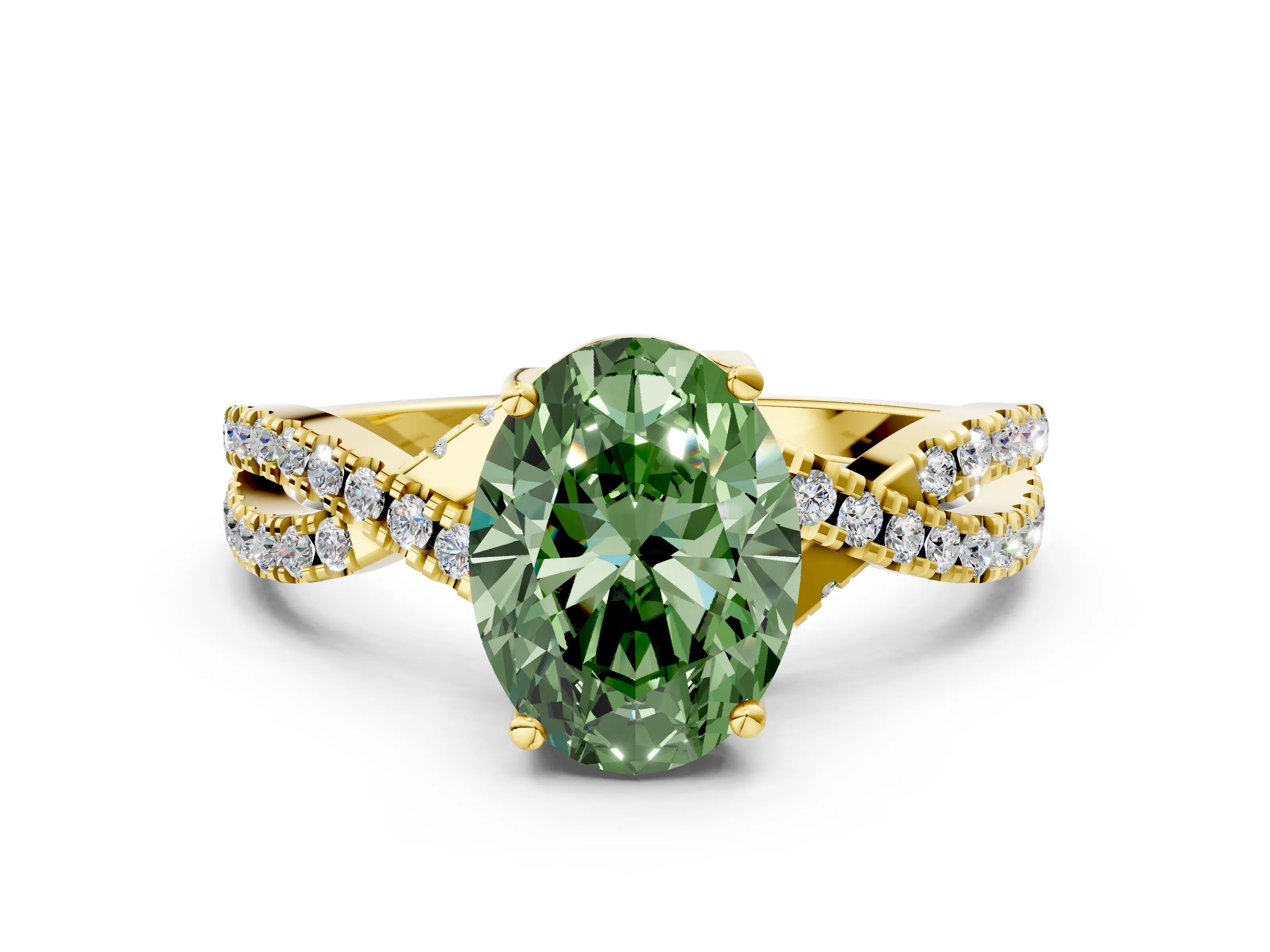 Yellow gold Fancy Green Oval Cut Solitaire Twist Pave Diamond Engagement Ring with Prong Setting