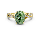 Yellow gold Fancy Green Oval Cut Solitaire Twist Pave Diamond Engagement Ring with Prong Setting