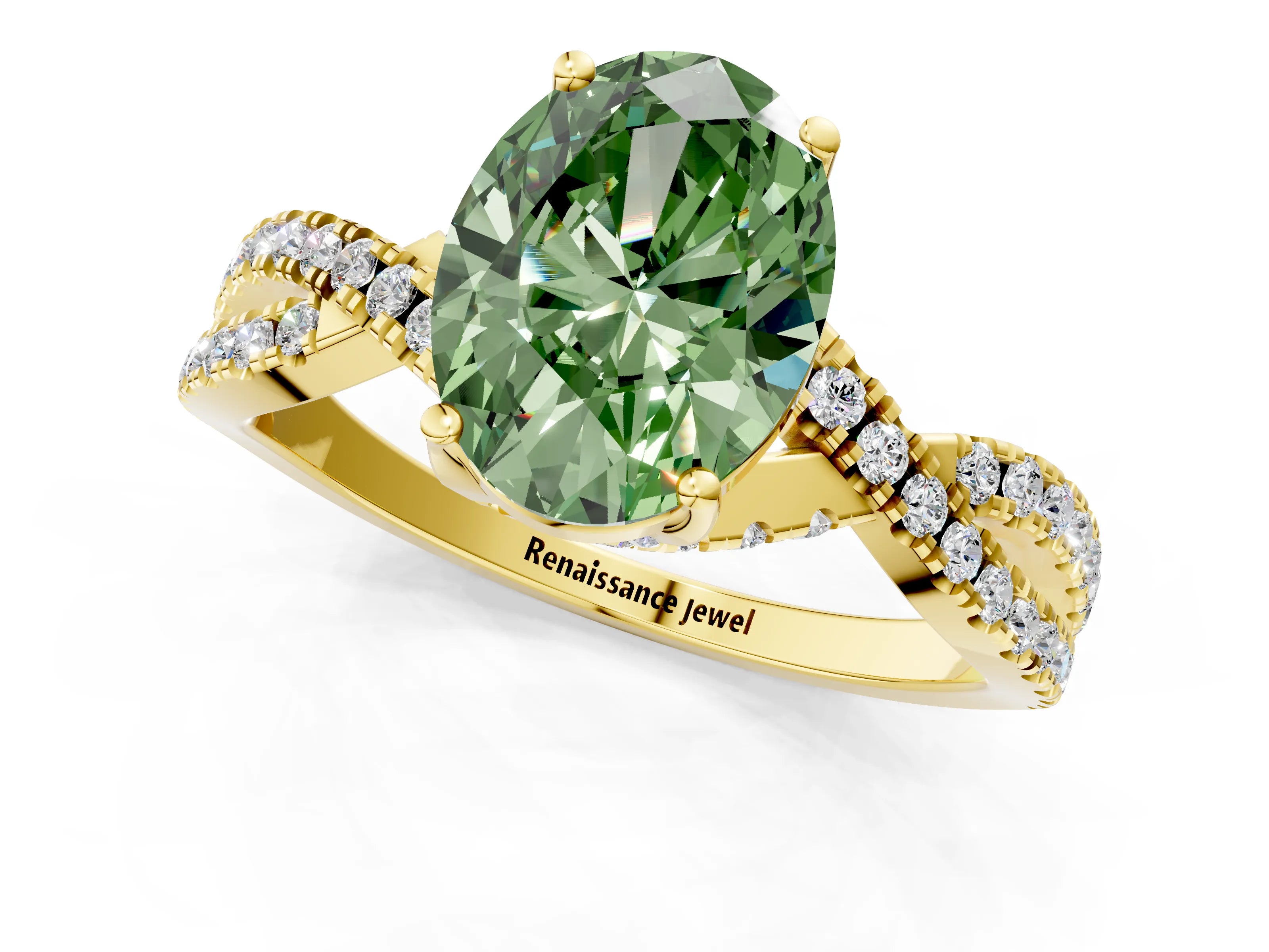 Yellow gold Fancy Green Oval Cut Solitaire Twist Pave Diamond Engagement Ring with Prong Setting_1
