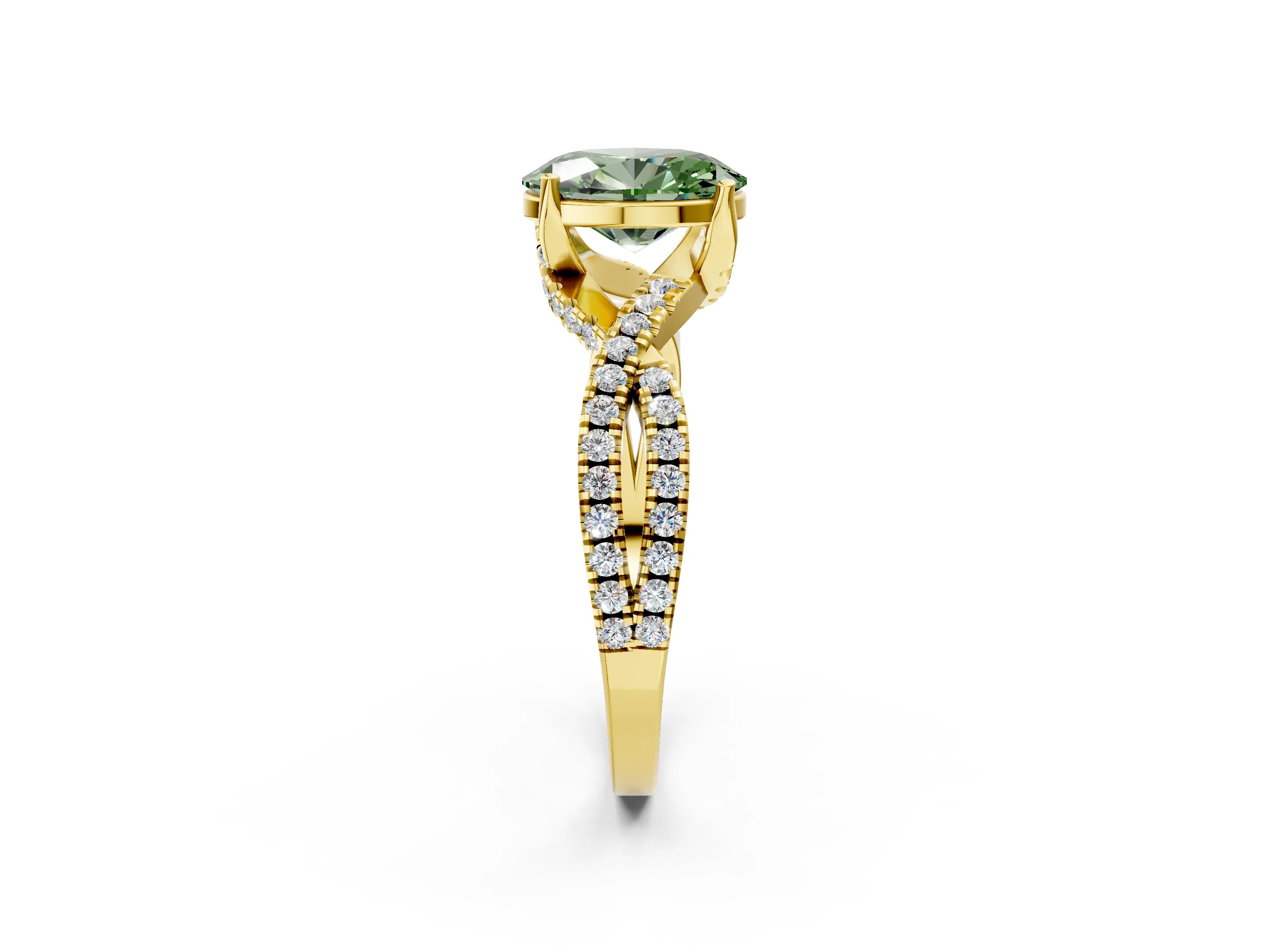 Yellow gold Fancy Green Oval Cut Solitaire Twist Pave Diamond Engagement Ring with Prong Setting_2
