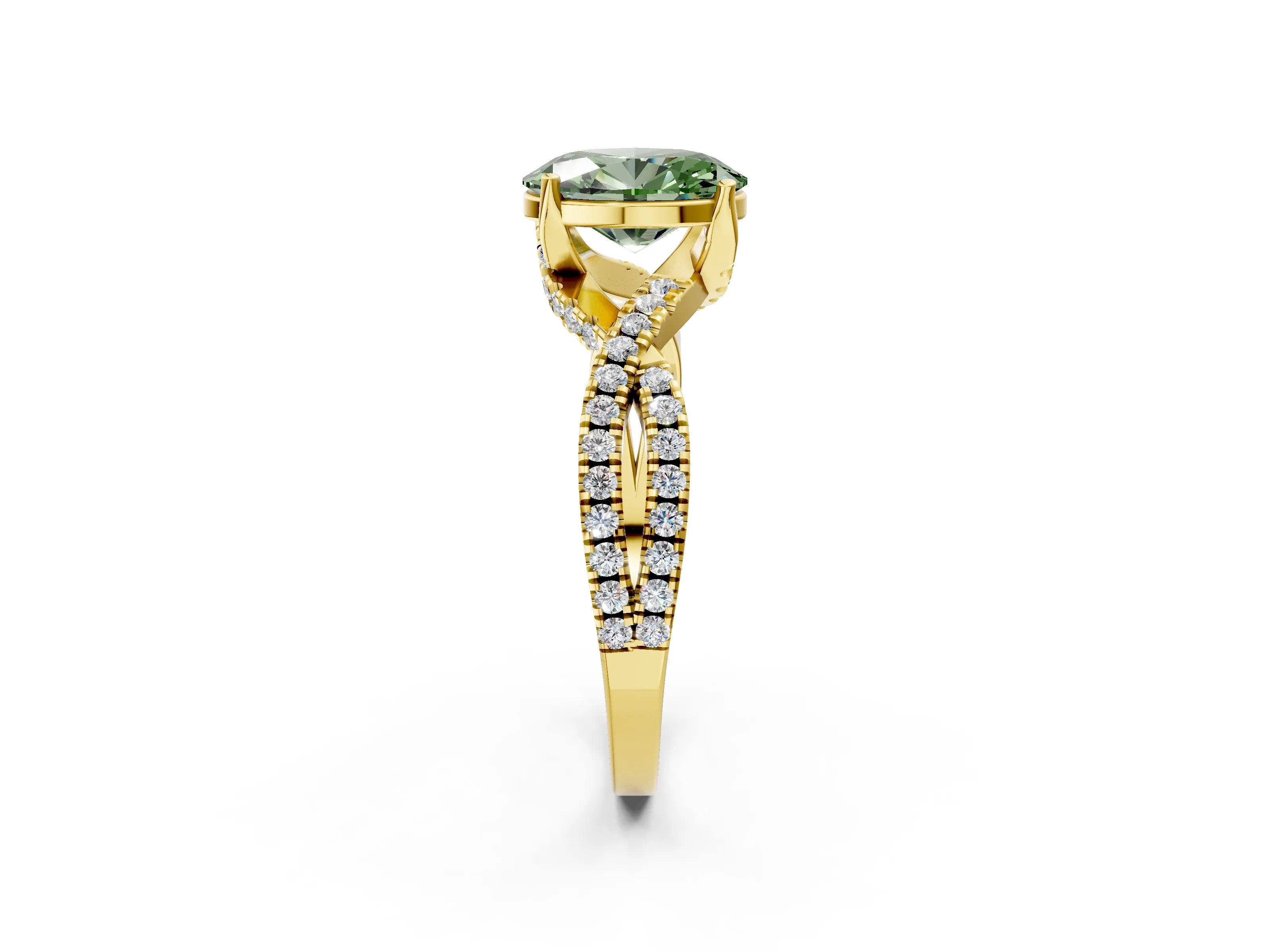 Yellow gold Fancy Green Oval Cut Solitaire Twist Pave Diamond Engagement Ring with Prong Setting_26
