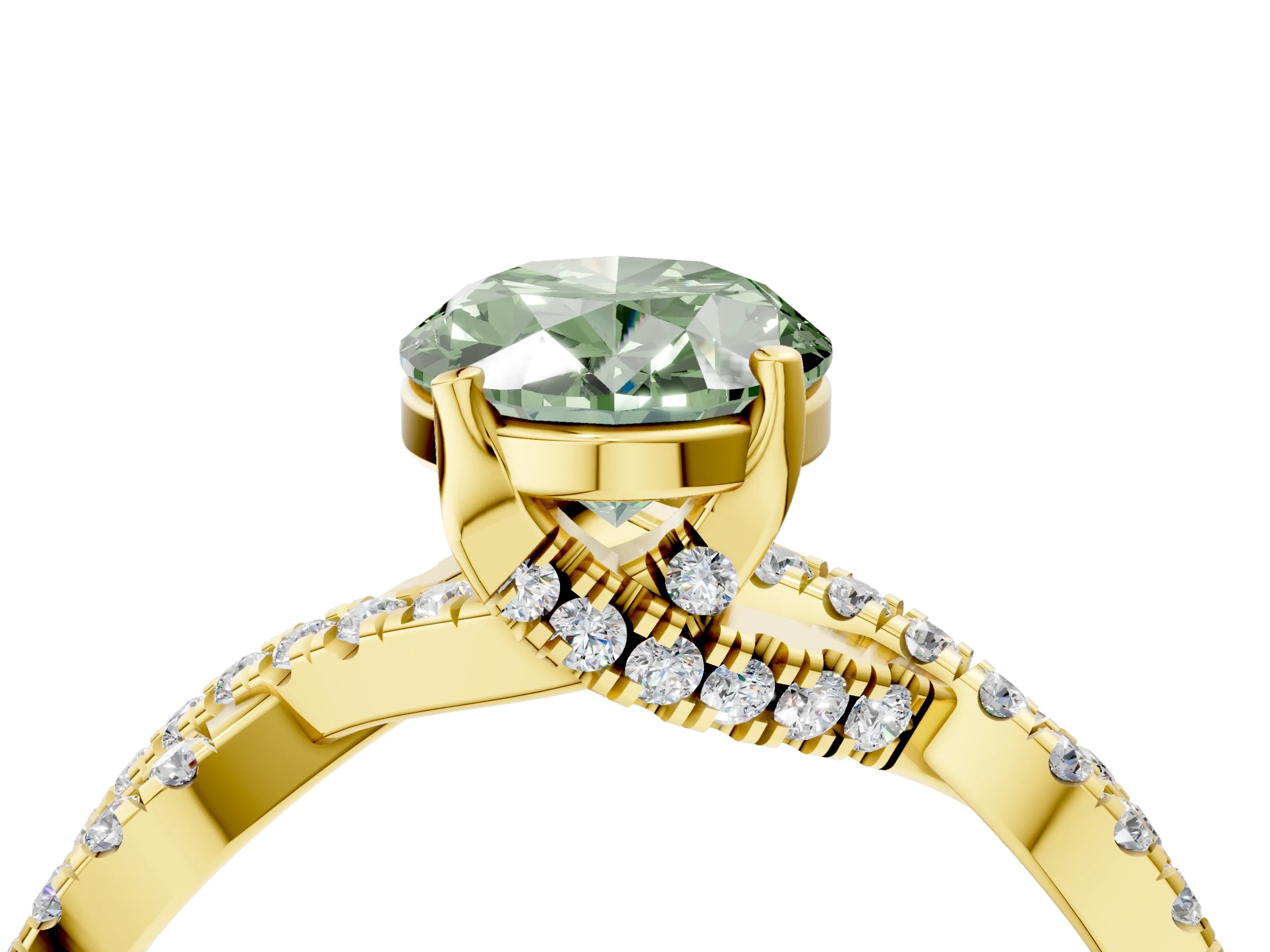 Yellow gold Fancy Green Oval Cut Solitaire Twist Pave Diamond Engagement Ring with Prong Setting_4