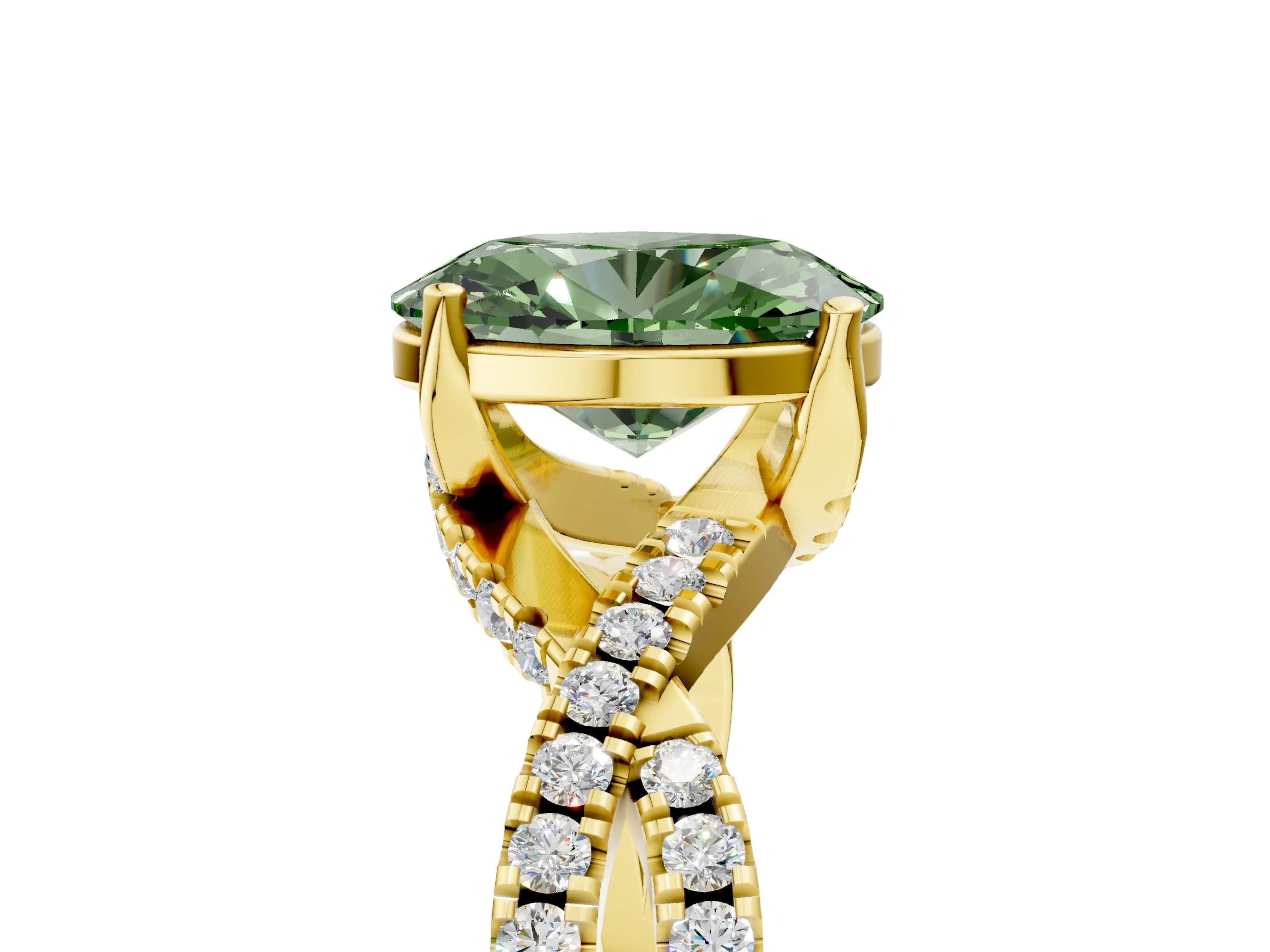 Yellow gold Fancy Green Oval Cut Solitaire Twist Pave Diamond Engagement Ring with Prong Setting_5