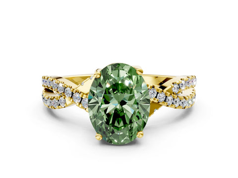Yellow gold Fancy Green Oval Cut Solitaire Twist Pave Diamond Engagement Ring with Prong Setting