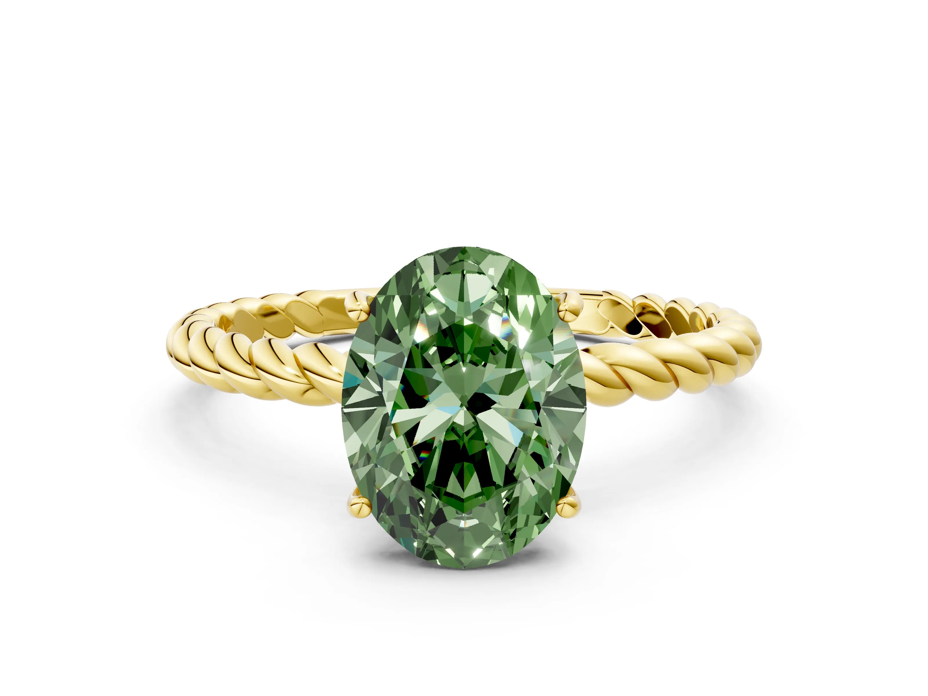 Yellow gold Fancy Green Oval Cut Solitaire Twisted Band 4-Prong Ring
