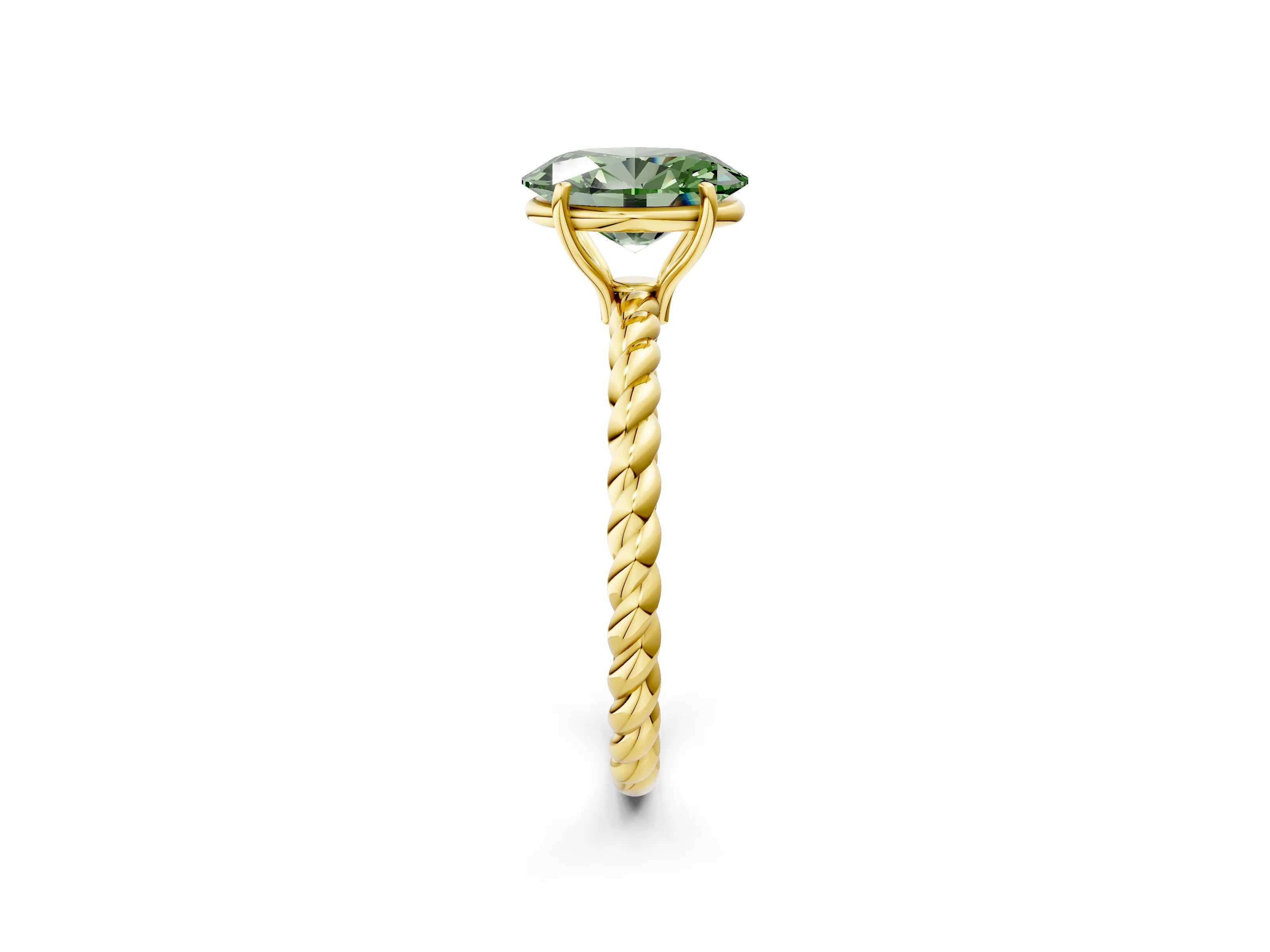 Yellow gold Fancy Green Oval Cut Solitaire Twisted Band 4-Prong Ring_2