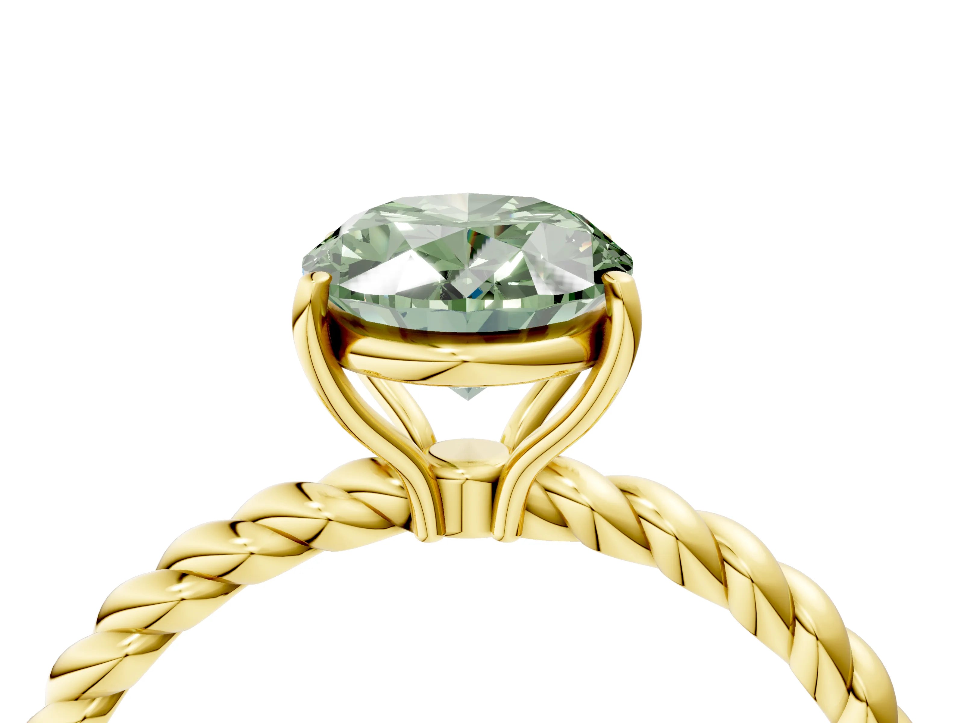 Yellow gold Fancy Green Oval Cut Solitaire Twisted Band 4-Prong Ring_4
