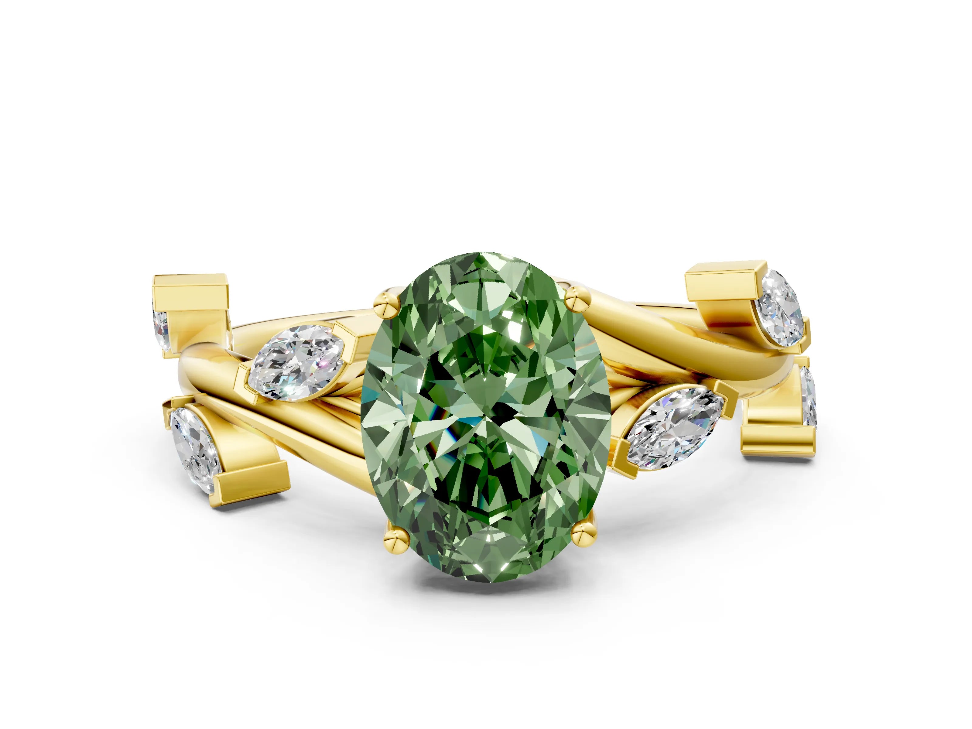 Yellow gold Fancy Green Oval Cut Solitaire Twisted Band Marquise Accent Prong Setting Ring