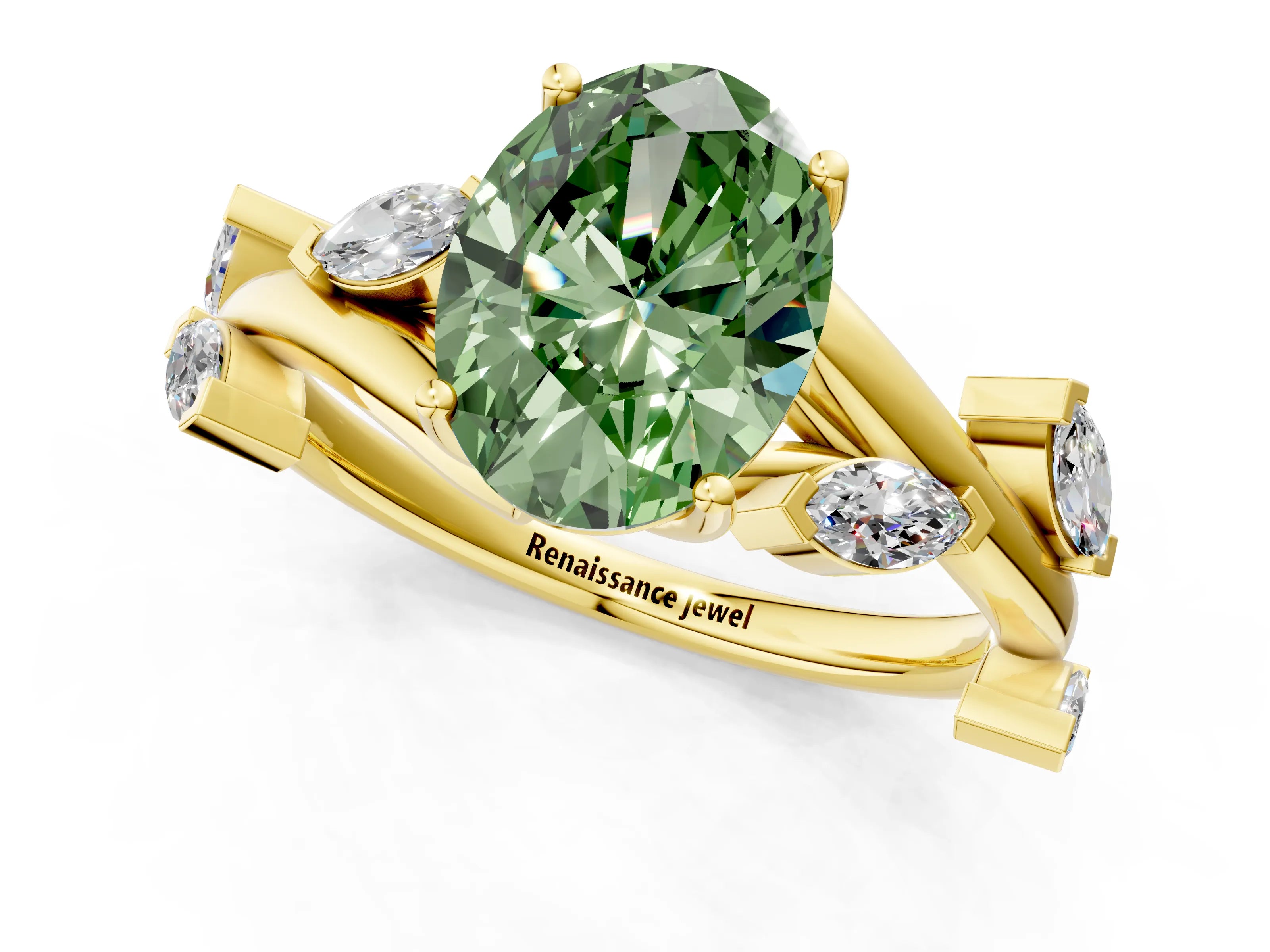 Yellow gold Fancy Green Oval Cut Solitaire Twisted Band Marquise Accent Prong Setting Ring_1