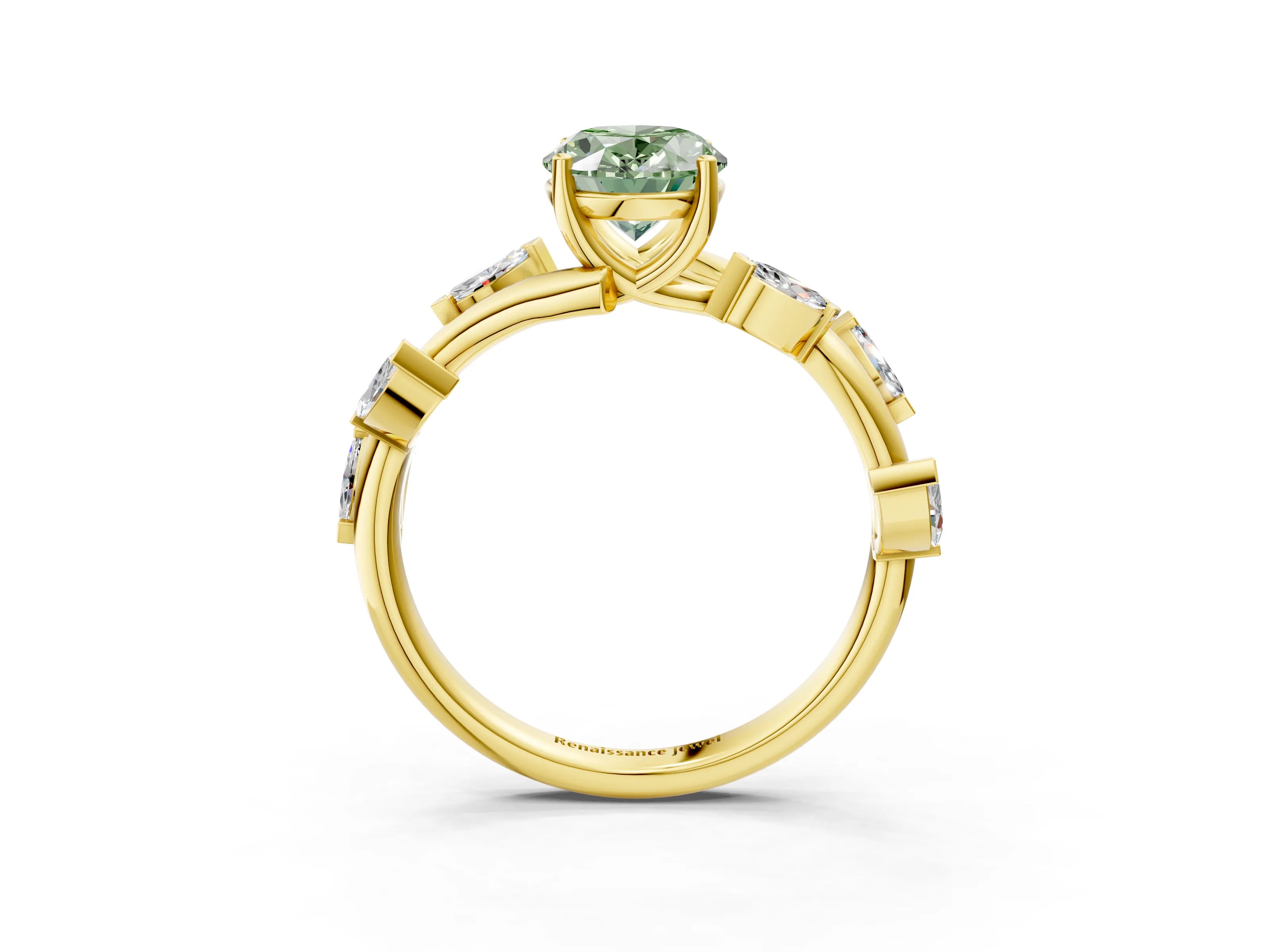Yellow gold Fancy Green Oval Cut Solitaire Twisted Band Marquise Accent Prong Setting Ring_3