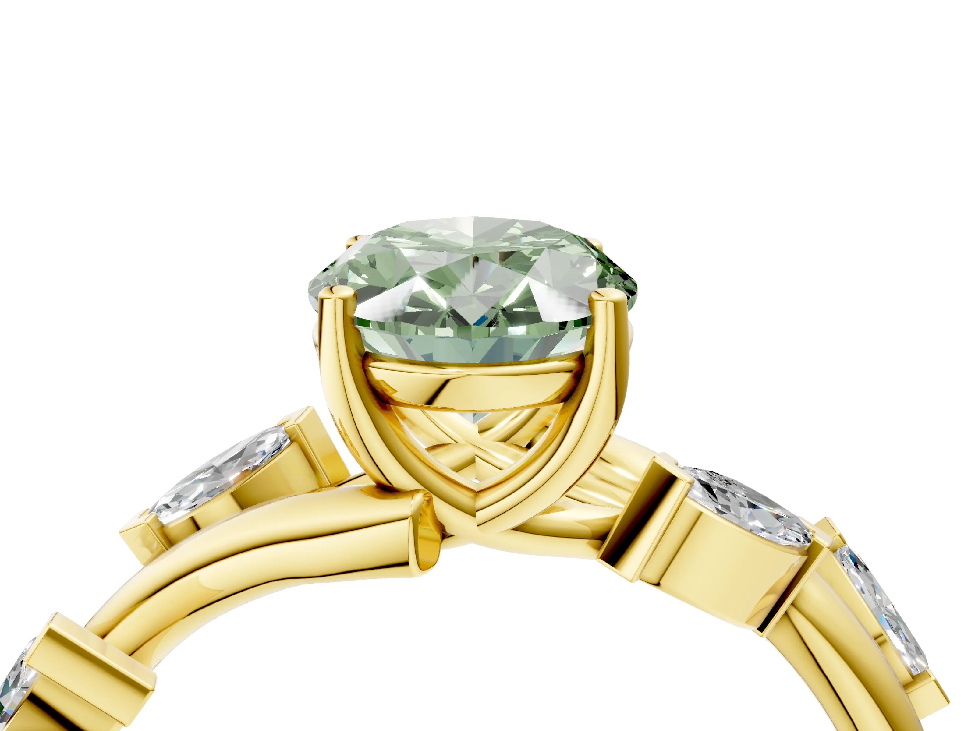 Yellow gold Fancy Green Oval Cut Solitaire Twisted Band Marquise Accent Prong Setting Ring_4