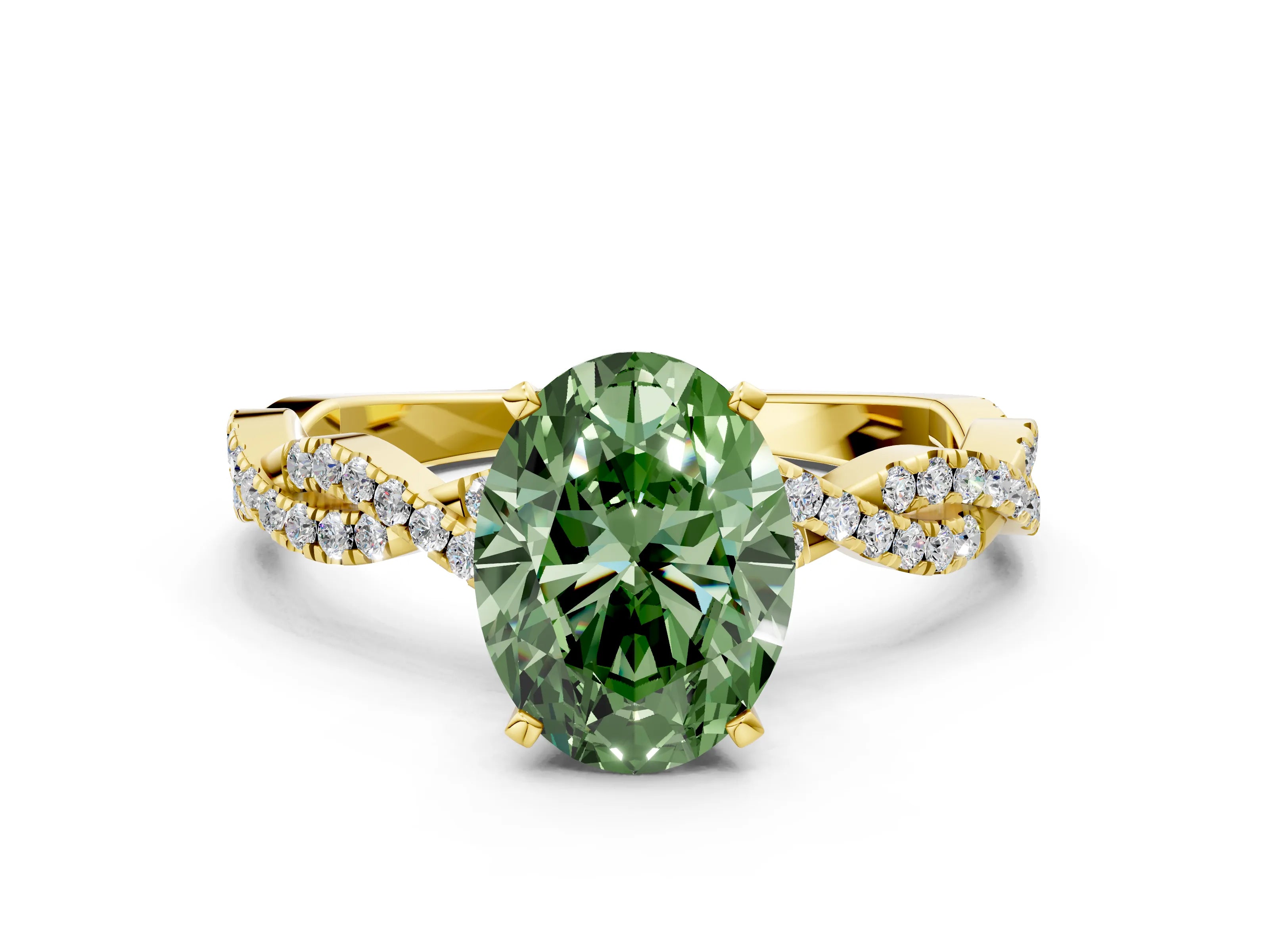 Yellow gold Fancy Green Oval Cut Solitaire Twisted Pave Band with Four-Prong Setting_3
