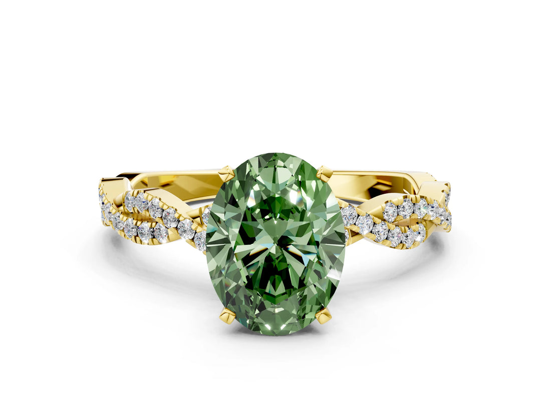 Yellow gold Fancy Green Oval Cut Solitaire Twisted Pave Band with Four-Prong Setting_3