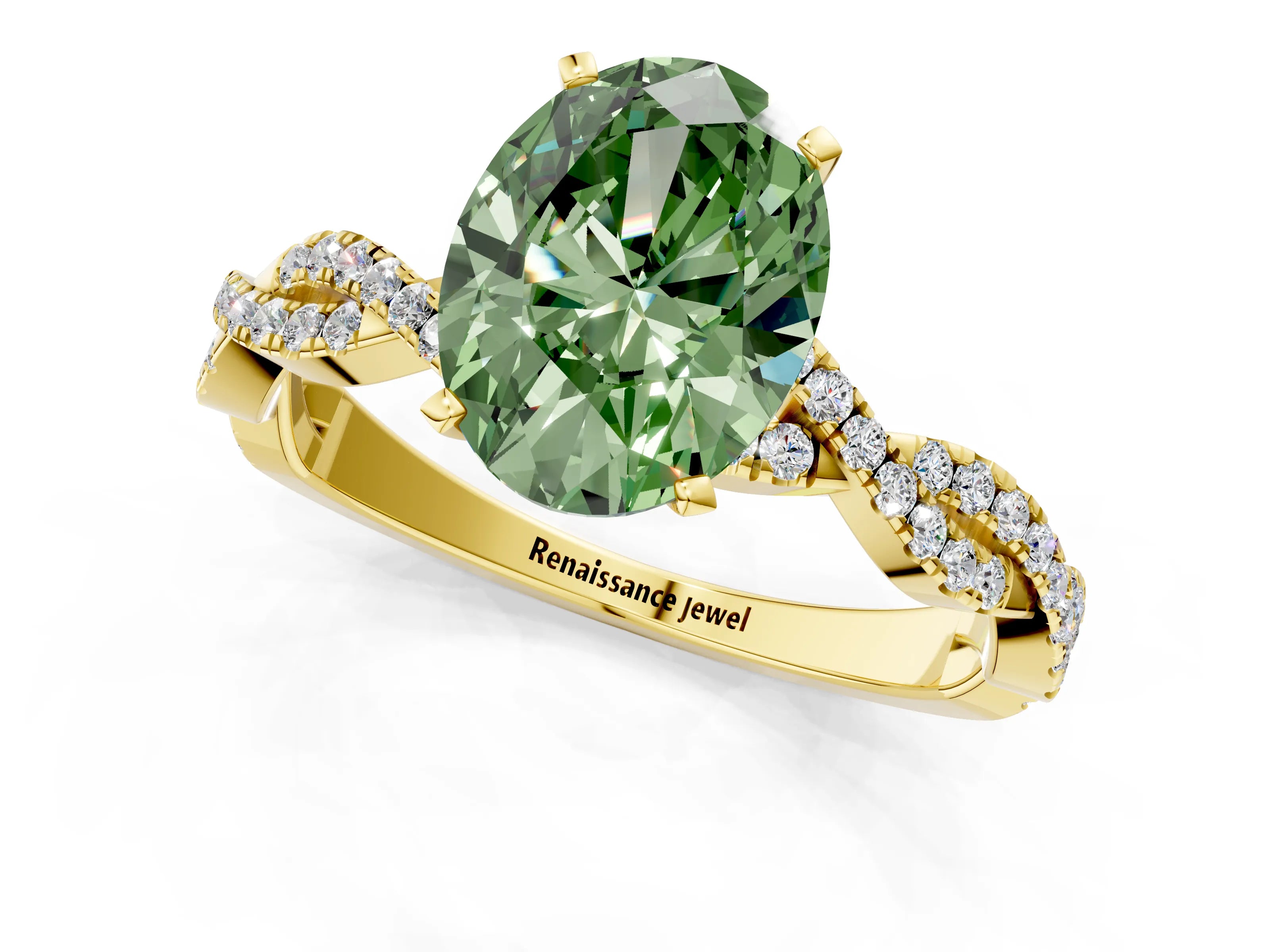 Yellow gold Fancy Green Oval Cut Solitaire Twisted Pave Band with Four-Prong Setting_4