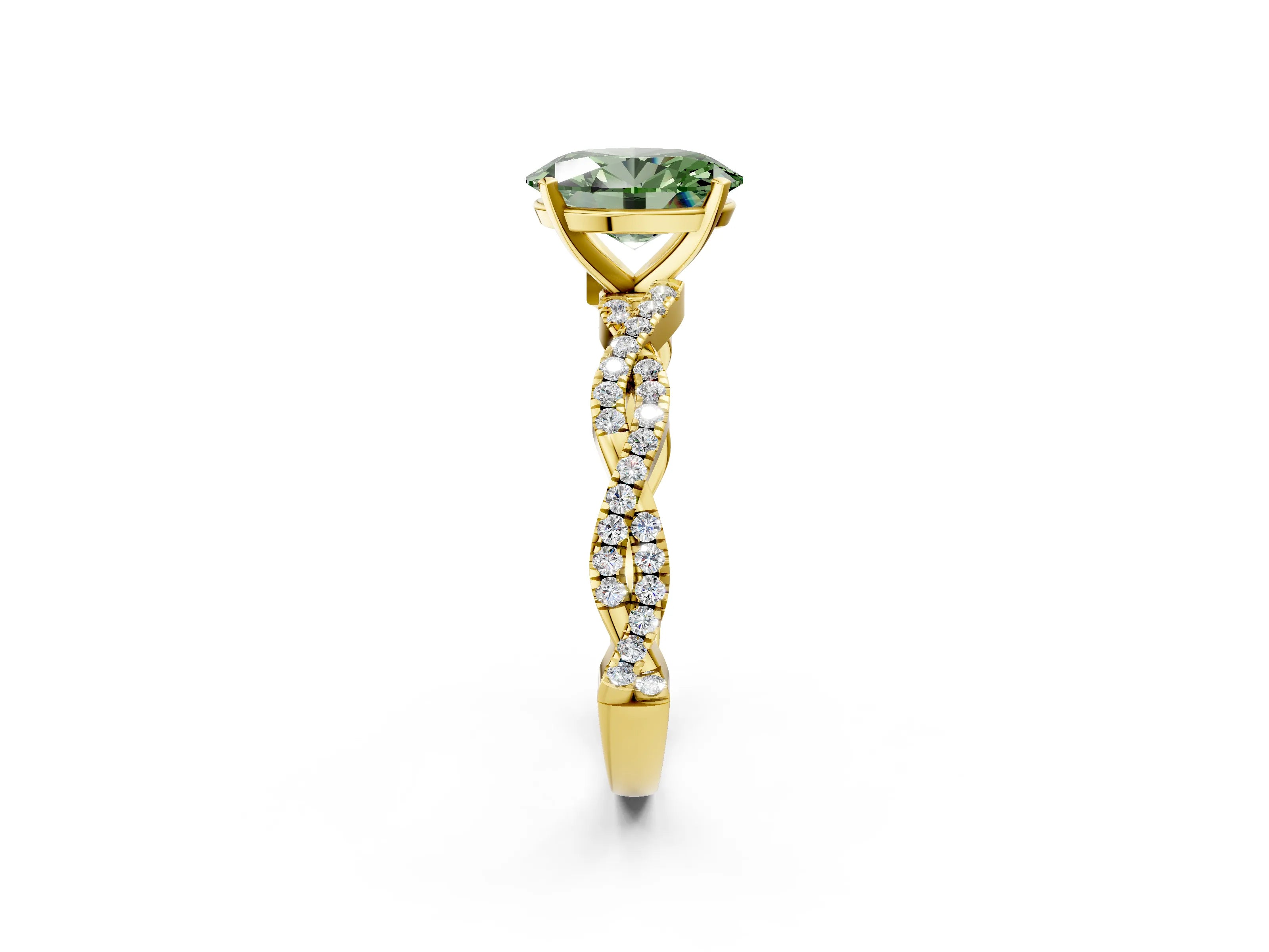 Yellow gold Fancy Green Oval Cut Solitaire Twisted Pave Band with Four-Prong Setting_5