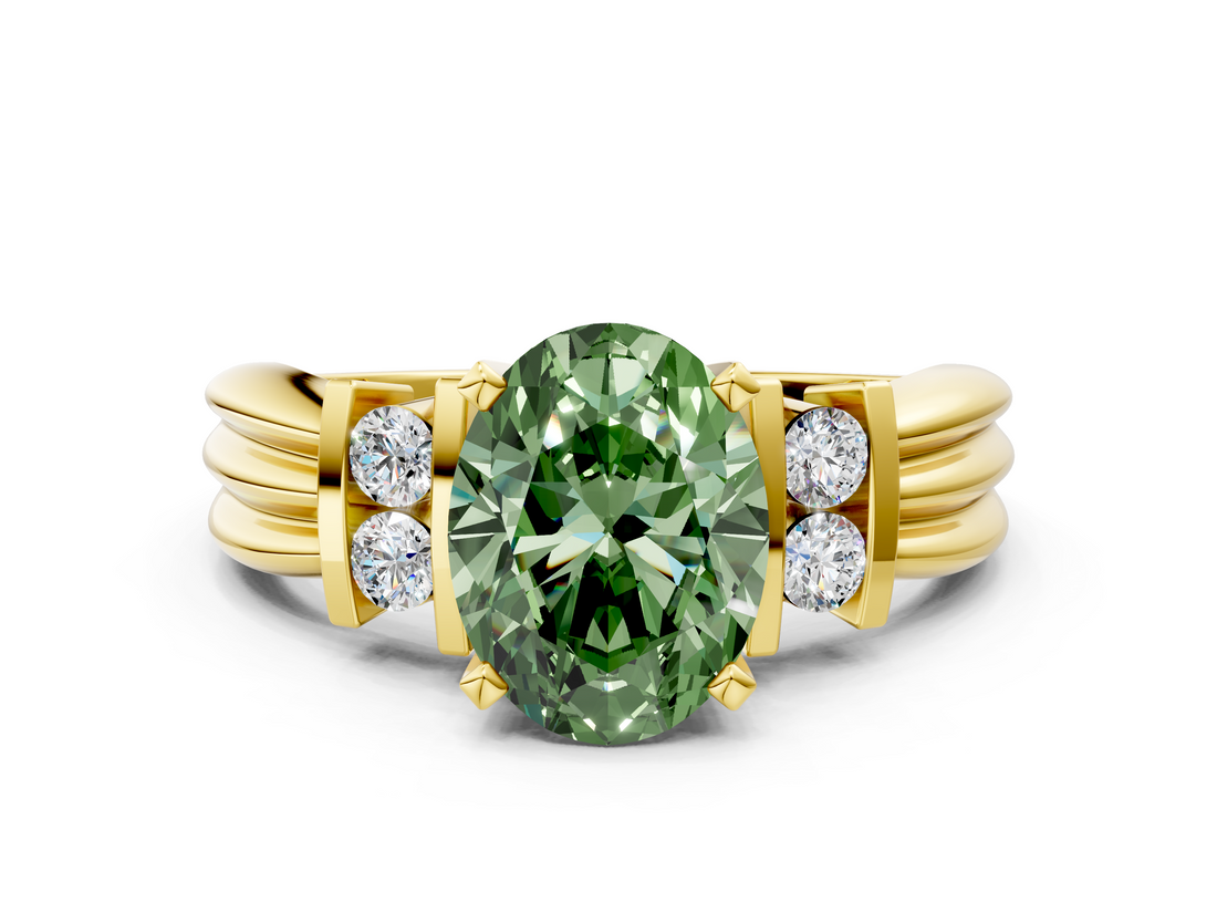 Yellow gold Fancy Green Oval  Cut Three-Stone Channel Set Ring with Bar Prongs_64
