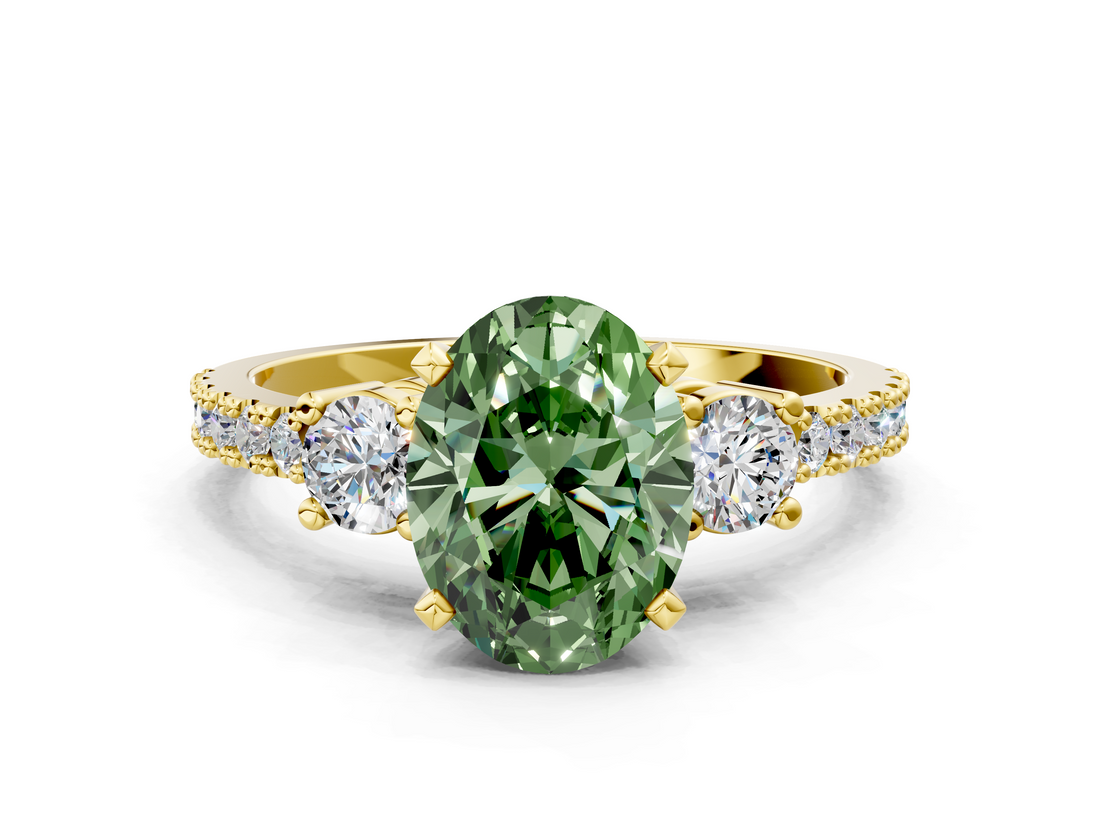 Yellow gold Fancy Green Oval  Cut Three-Stone Diamond Pavé Band with Prong Setting_17