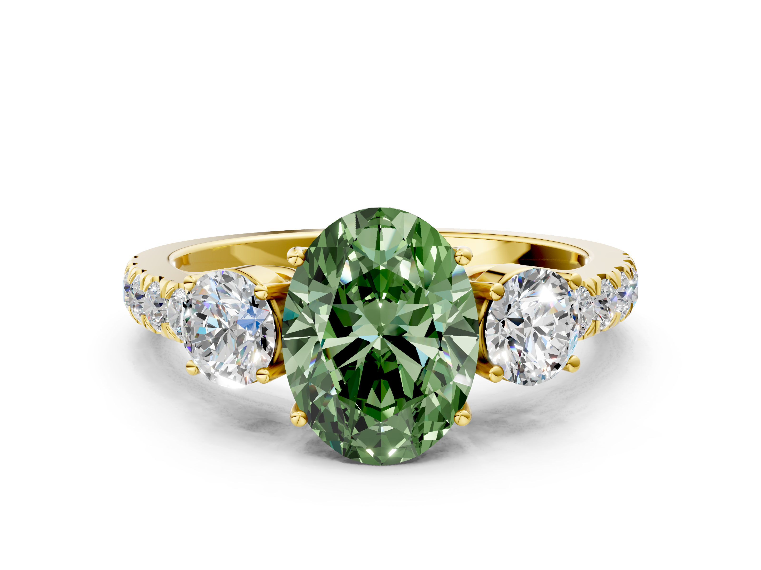 Yellow gold Fancy Green Oval  Cut Three-Stone Diamond Pave Band with Prong Setting_37