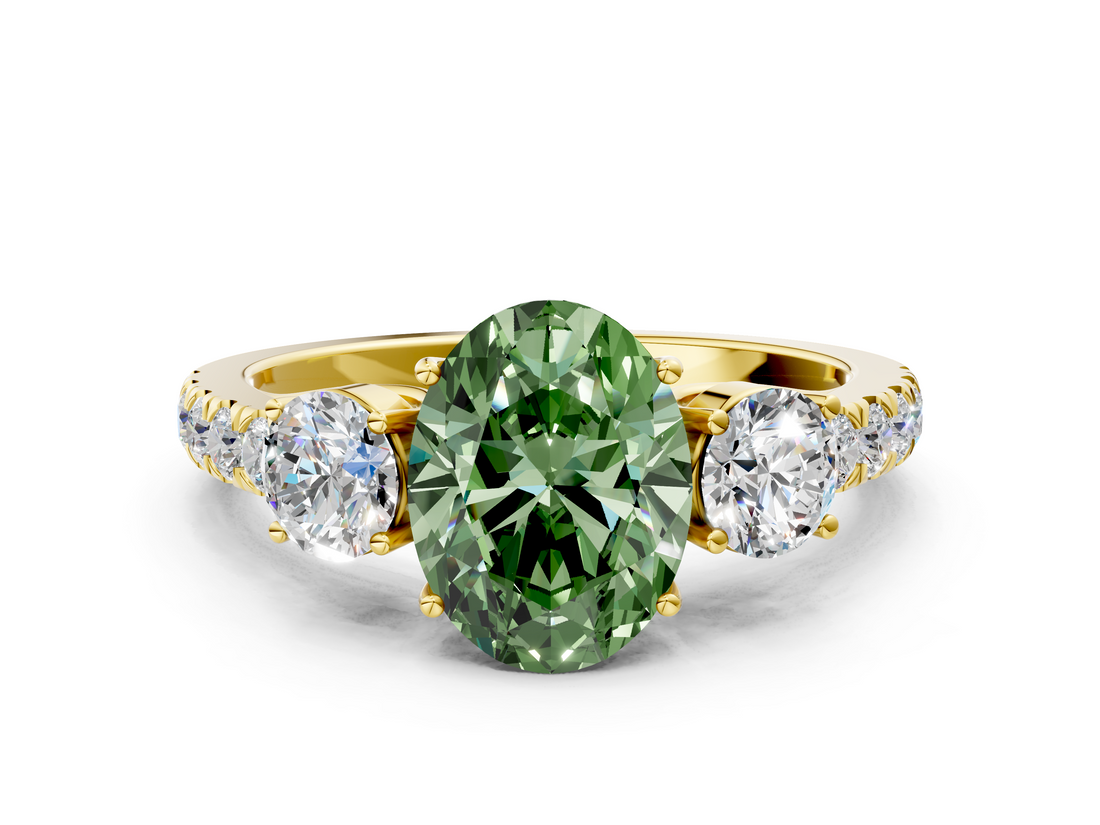 Yellow gold Fancy Green Oval  Cut Three-Stone Diamond Pave Band with Prong Setting_37