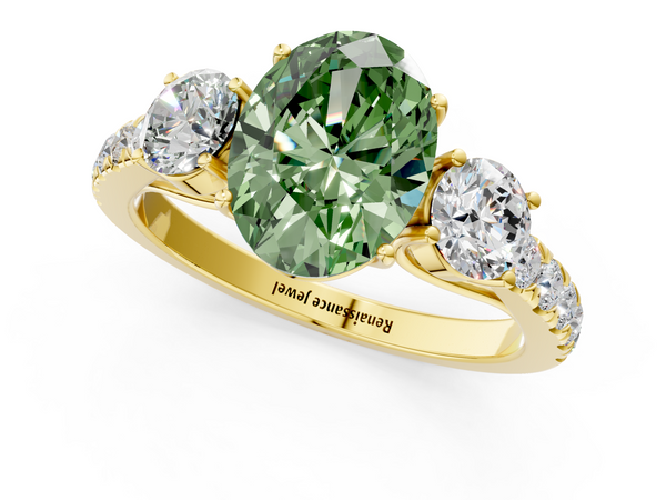 Yellow gold Fancy Green Oval  Cut Diamond Three-Stone Ring with Round Side Stones and Pavé Band