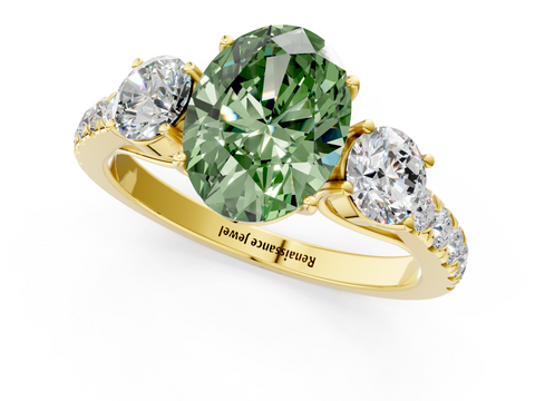 Yellow gold Fancy Green Oval  Cut Three-Stone Diamond Pave Band with Prong Setting_38