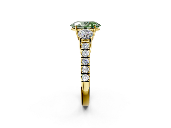Yellow gold Fancy Green Oval  Cut Diamond Three-Stone Ring with Round Side Stones and Pavé Band