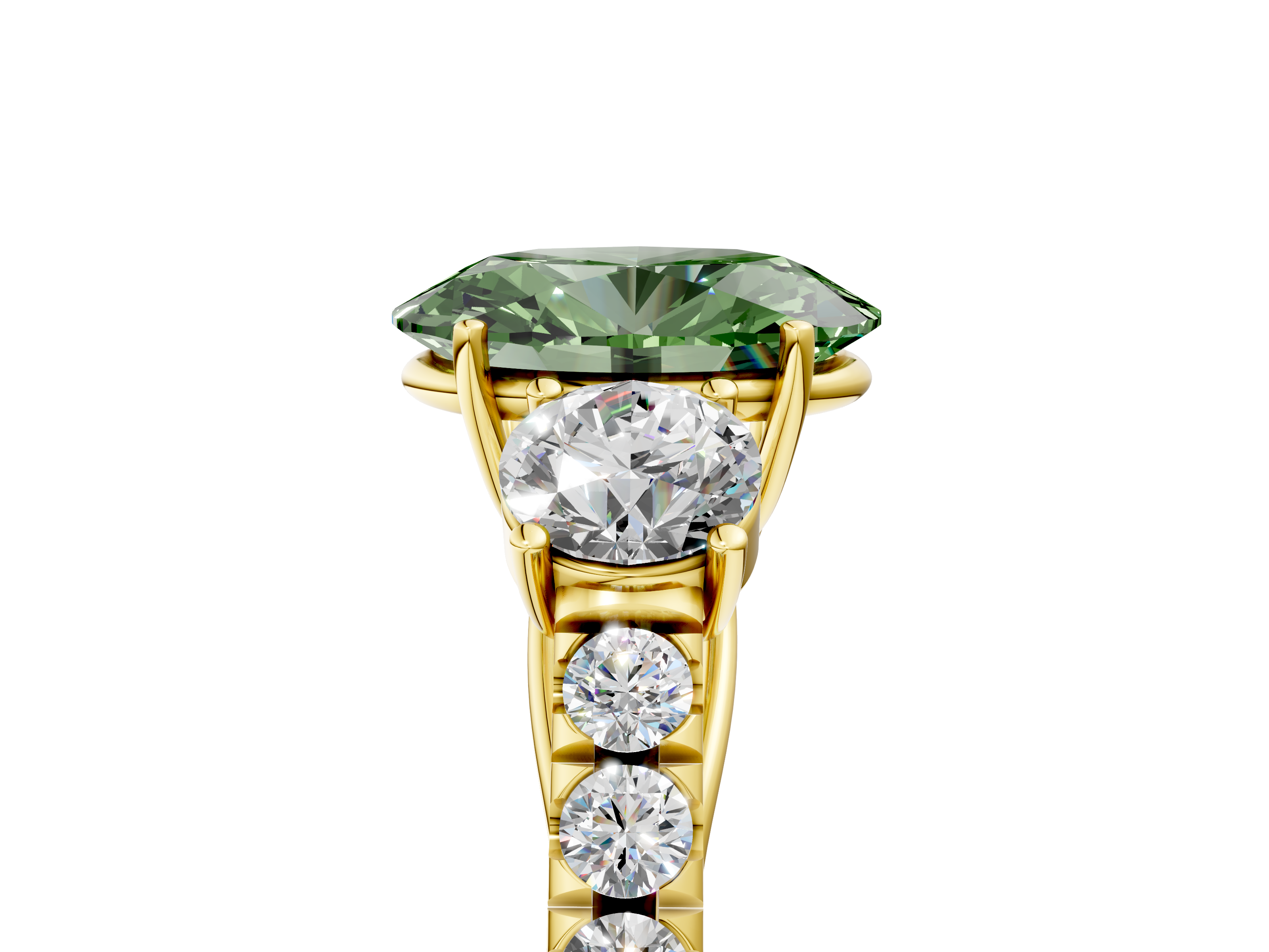 Yellow gold Fancy Green Oval  Cut Three-Stone Diamond Pave Band with Prong Setting_42