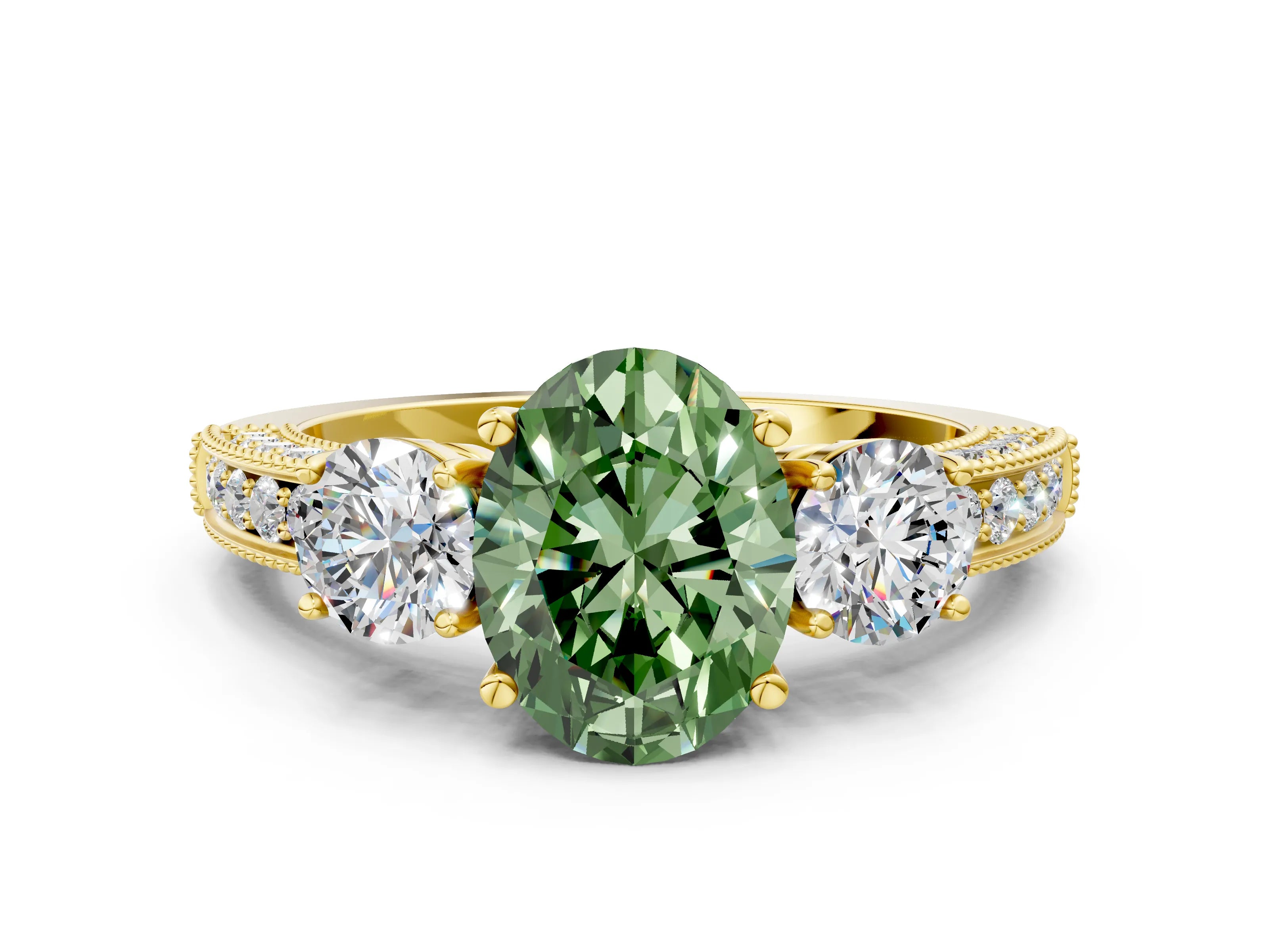 Yellow gold Fancy Green Oval Cut Three-Stone Diamond Ring with Pavé Band and Four-Prong Setting