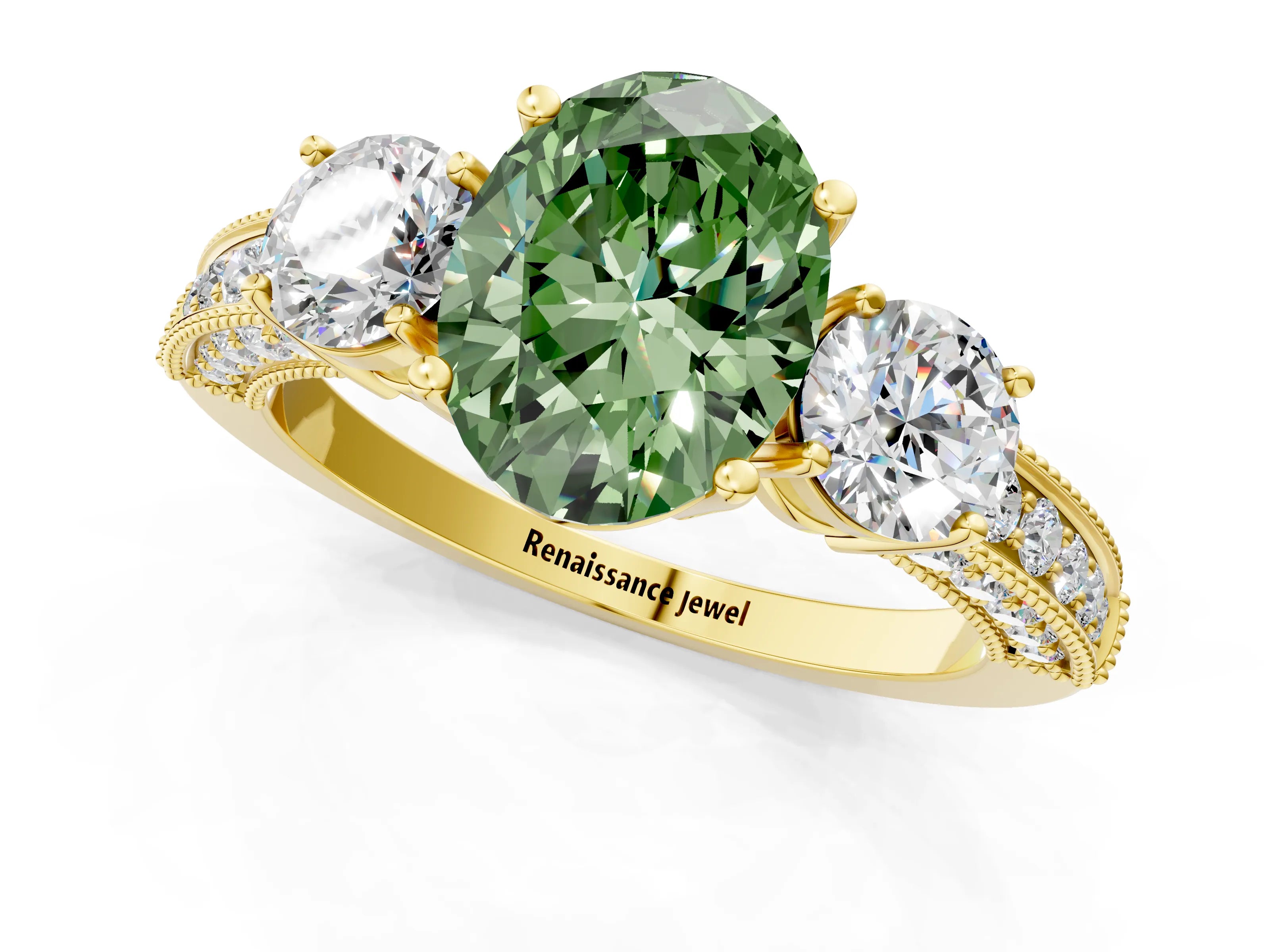 Yellow gold Fancy Green Oval Cut Three-Stone Diamond Ring with Pavé Band and Four-Prong Setting_1