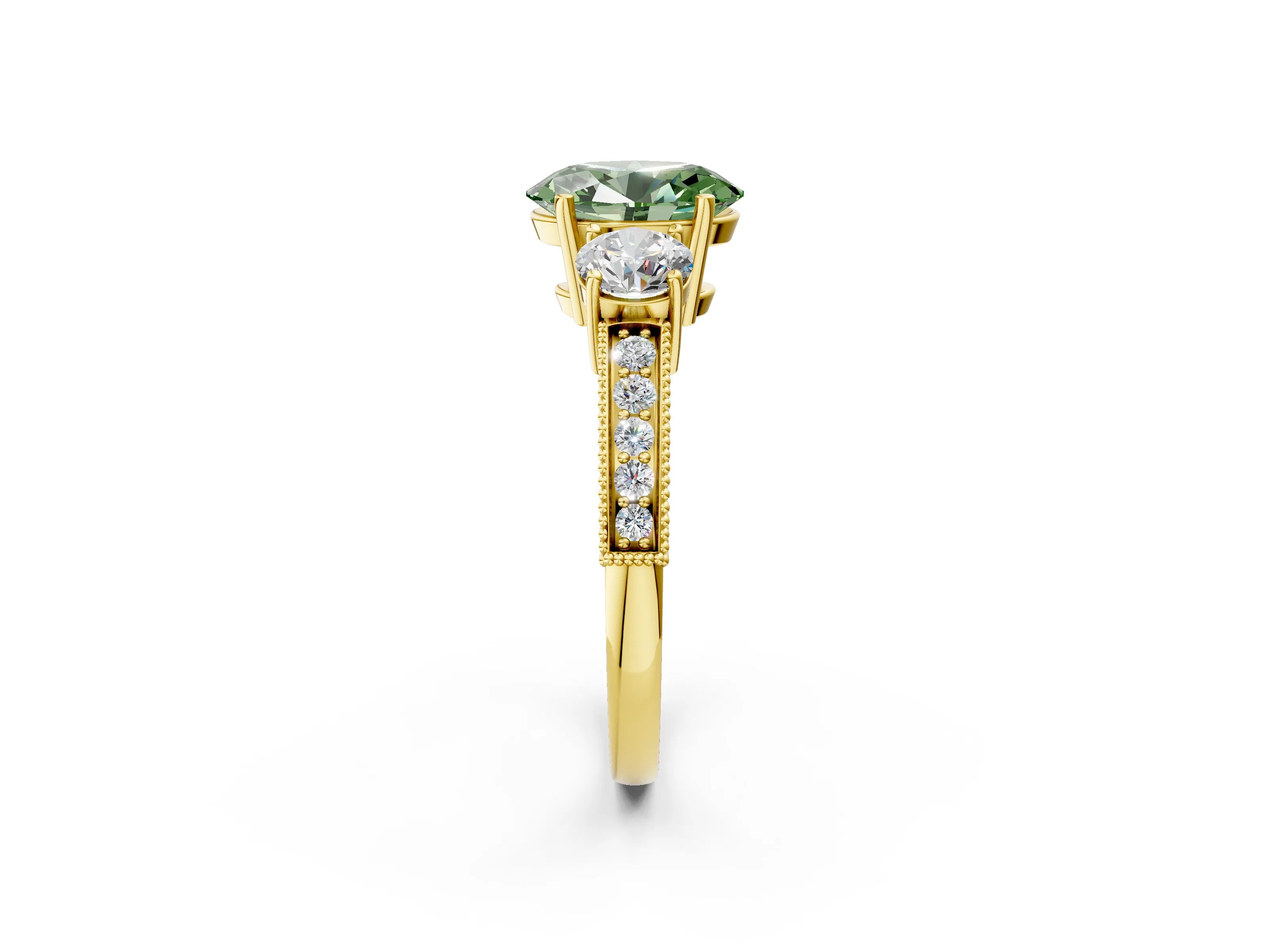 Yellow gold Fancy Green Oval Cut Three-Stone Diamond Ring with Pavé Band and Four-Prong Setting_2