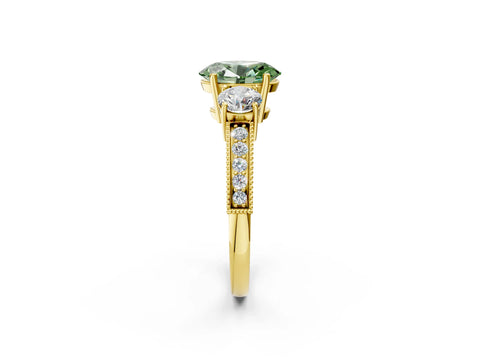 Yellow gold Fancy Green Oval Cut Three-Stone Diamond Ring with Pavé Band and Four-Prong Setting_2