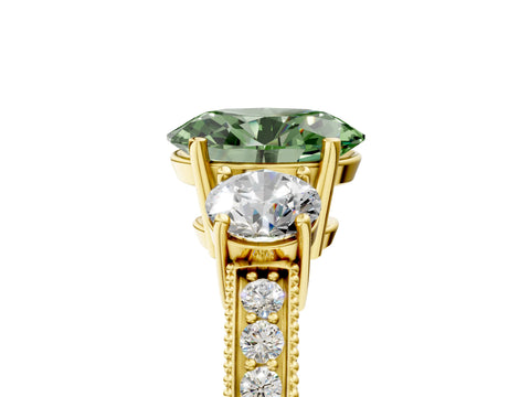 Yellow gold Fancy Green Oval Cut Three-Stone Diamond Ring with Pavé Band and Four-Prong Setting_5