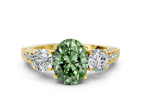 Yellow gold Fancy Green Oval Cut Three-Stone Diamond Ring with Pavé Band and Four-Prong Setting